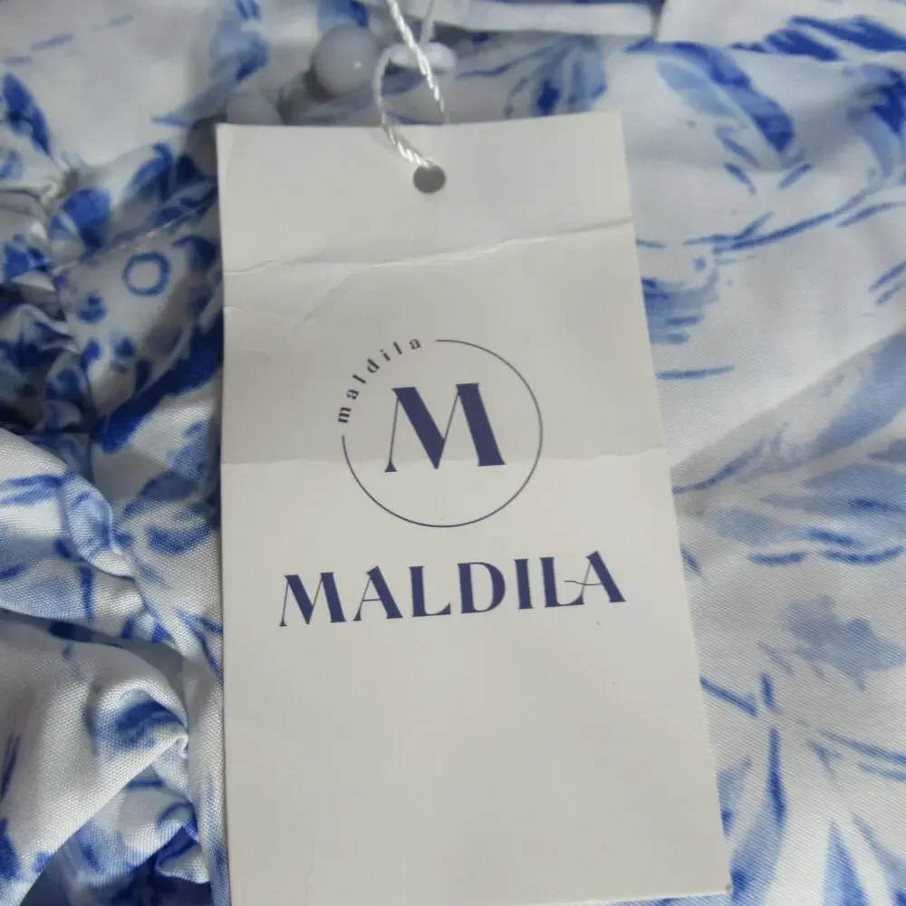 Maldila Dress Womens Size M White Blue Floral Maxi Boho Beach Resort Coastal NWT